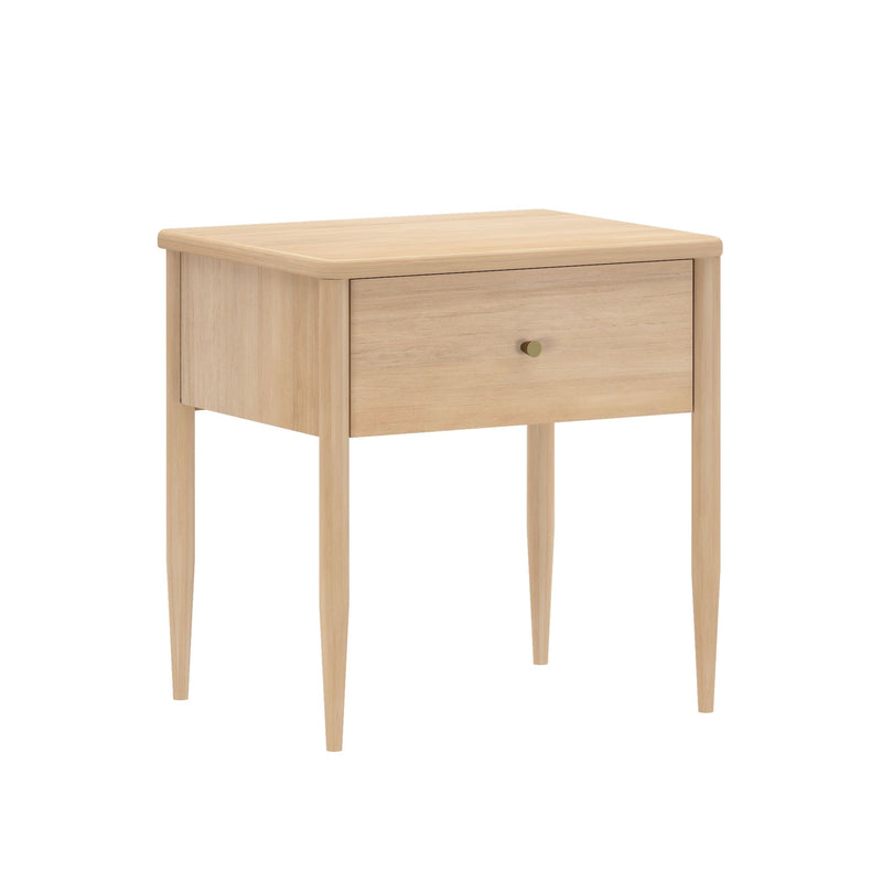Light natural wood mid-century modern bedside table with single drawer and tapered legs, Scandinavian-style nightstand on white background