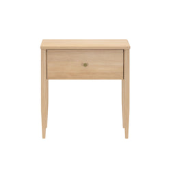 Scandinavian-style light oak bedside table with single drawer and brass knob, tapered legs mid-century modern wooden nightstand for bedroom