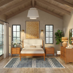 Mid-century modern bedroom with wooden bed, nightstands, vaulted wood ceiling, large windows, rug, indoor plant