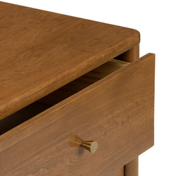 Close-up of mid-century modern brown wooden nightstand with partially open drawer and brass knob, bedroom dresser furniture