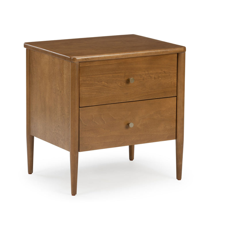 Mid-century modern two-drawer wooden nightstand with tapered legs and round brass knobs in warm walnut finish