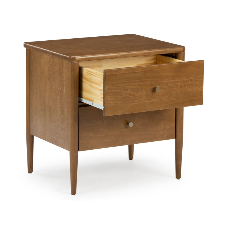 Mid-century modern walnut-finish wooden nightstand with two drawers, tapered legs and round metal knobs, top drawer open