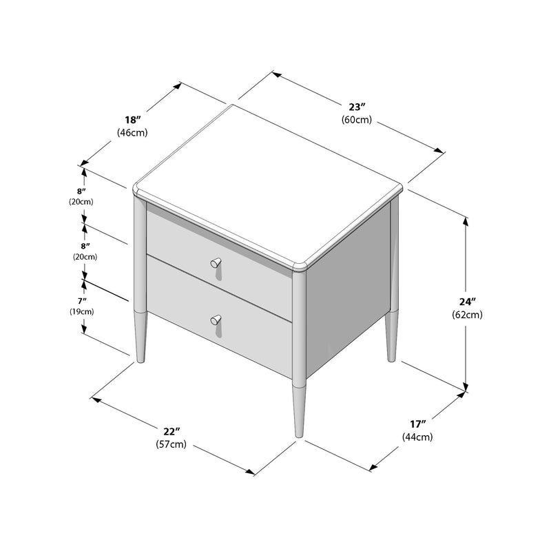 Mid-century modern two-drawer wooden bedside nightstand with tapered legs and rounded top edges, dimension diagram showing 23" W x 22" D x 24" H (60 x 57 x 62 cm)