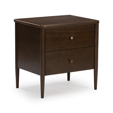 Dark brown mid-century modern 2-drawer wooden nightstand bedside table with rounded edges, brass knobs and tapered legs
