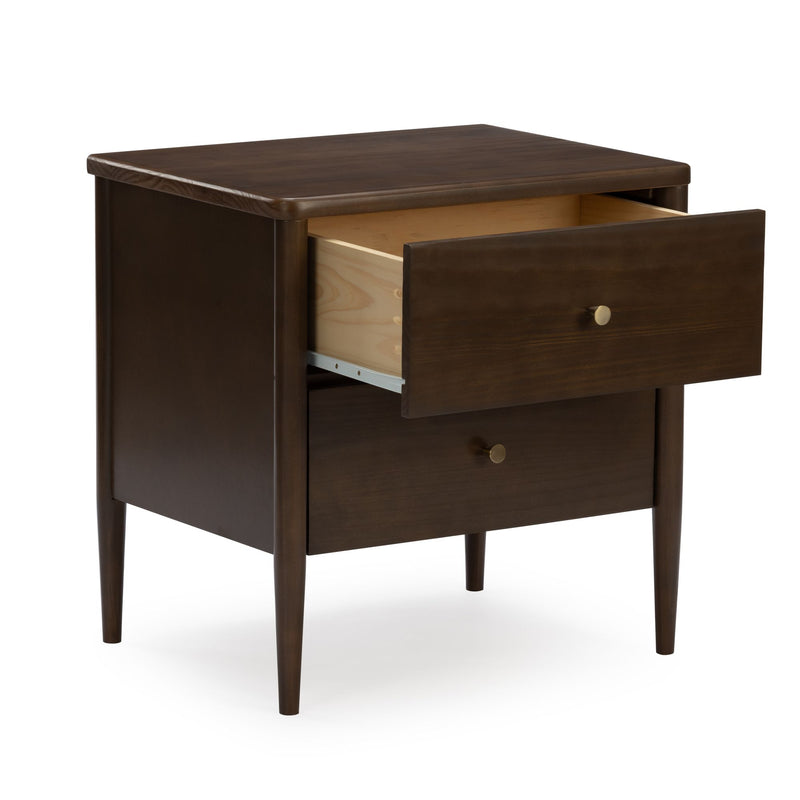 Mid-century modern dark brown wooden two-drawer nightstand with tapered legs and brass knobs, one drawer open, bedroom end table
