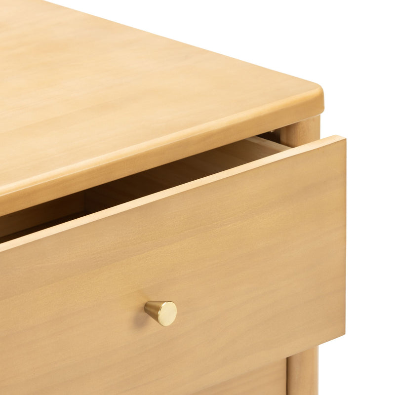Light wood modern nightstand with partially open drawer and brass knob, minimalist bedside storage for bedroom