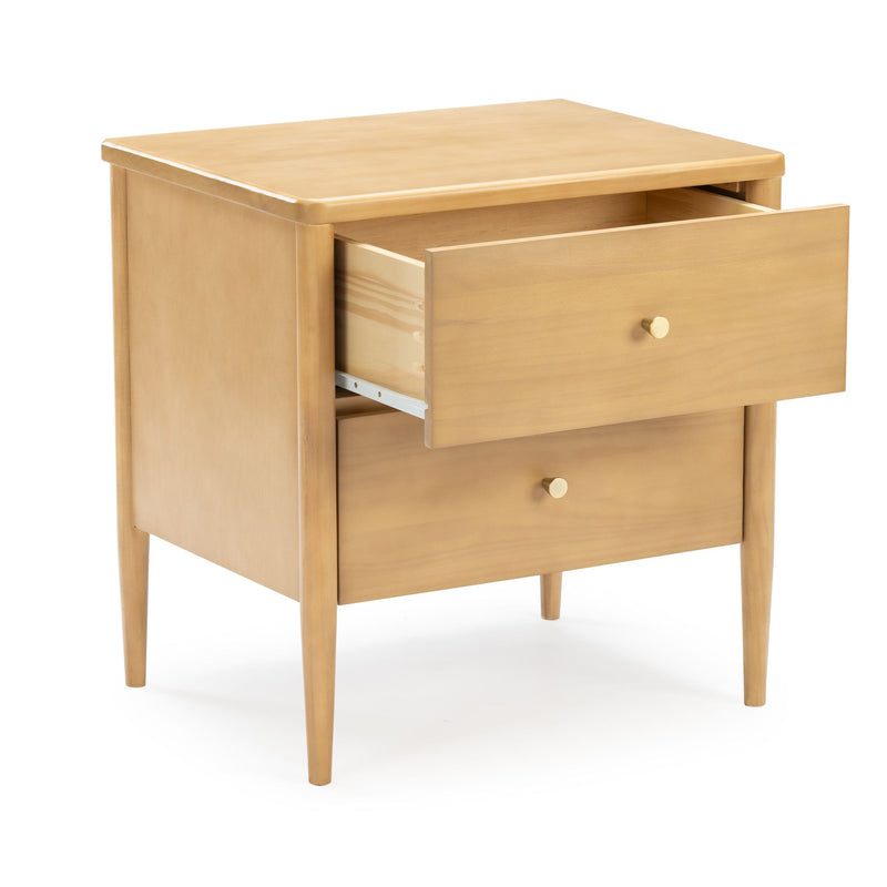 Mid-century modern light oak nightstand bedside table with two drawers, brass knobs and tapered legs, one drawer partially open