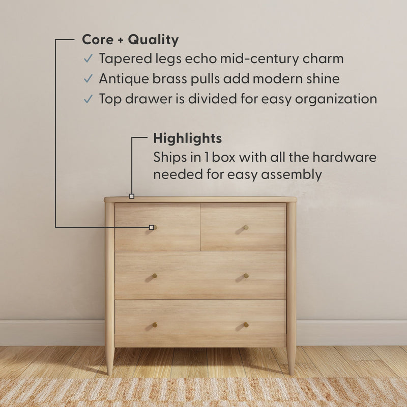 Mid-century modern light wood 4-drawer dresser with tapered legs and antique brass pulls, divided top drawer for organization, easy assembly ships in one box with hardware, shown on hardwood floor and rug against a neutral wall