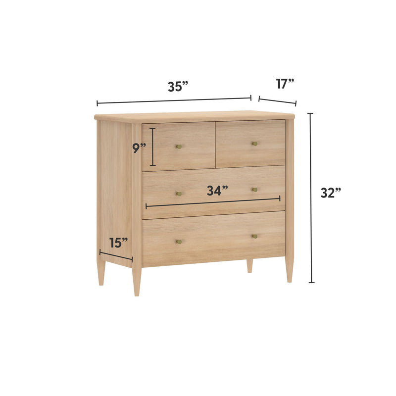Mid-century modern light oak 4-drawer dresser chest with brass knobs and tapered legs, two small top drawers and two full-width lower drawers, dimensions 35 in W × 17 in D × 32 in H, natural wood grain finish