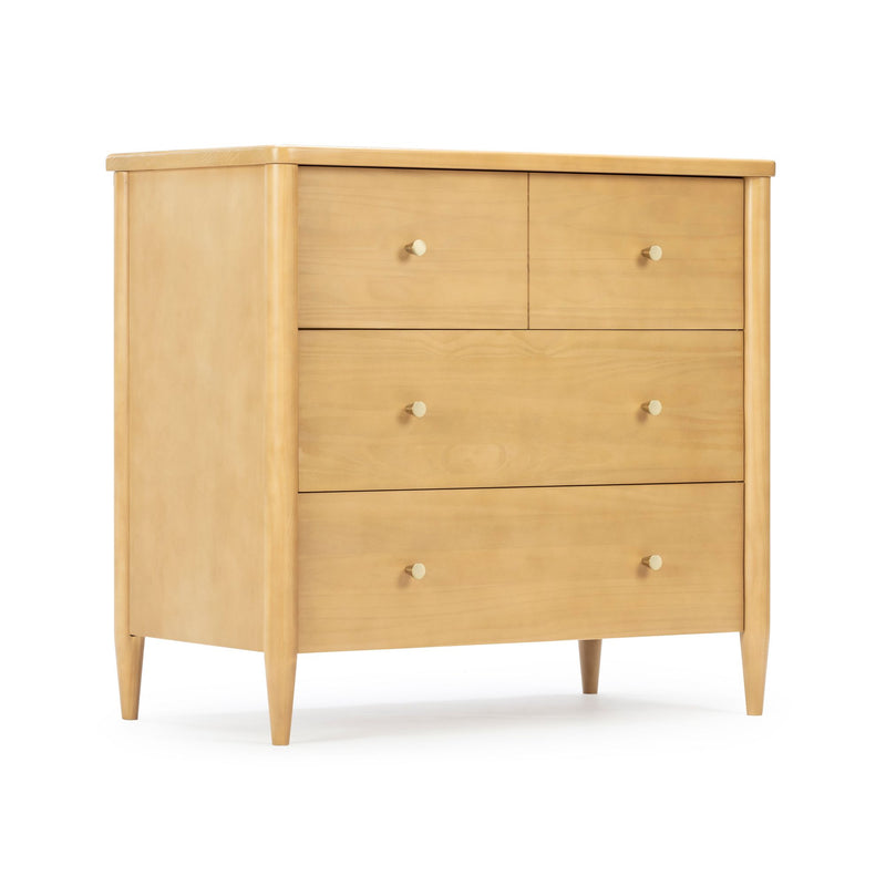 Mid-century modern light wood dresser with four drawers, tapered legs and round knobs, natural oak finish bedroom storage chest