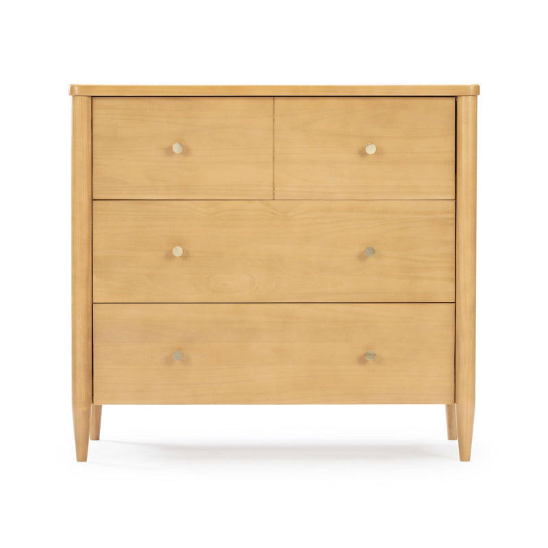 Light maple mid-century modern four-drawer bedroom dresser with tapered legs and round metal knobs for compact storage