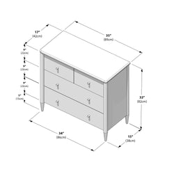 Three-drawer mid-century modern wooden dresser with tapered legs and knob pulls, measurement diagram showing overall dimensions 34" W x 15" D x 32" H (86 x 38 x 82 cm) and individual drawer heights displayed