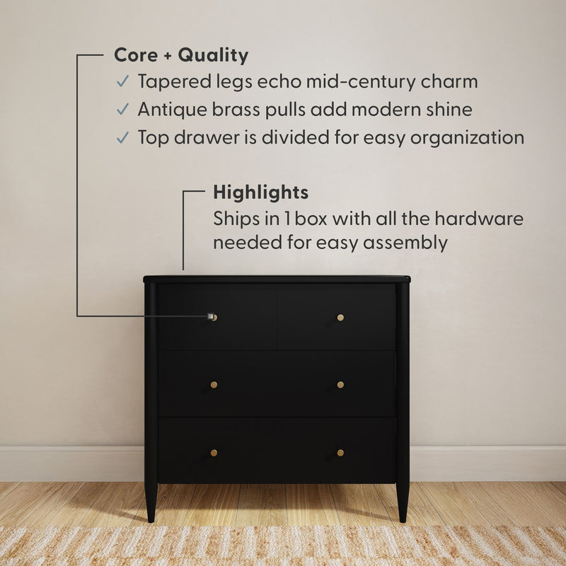 Black mid-century modern three-drawer dresser with tapered legs and antique brass pulls, divided top drawer, ships in one box for easy assembly