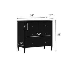 Mid-century modern black 3-drawer dresser with brass knobs and tapered legs, 35 in W x 17 in D x 32 in H, 34 in drawer width