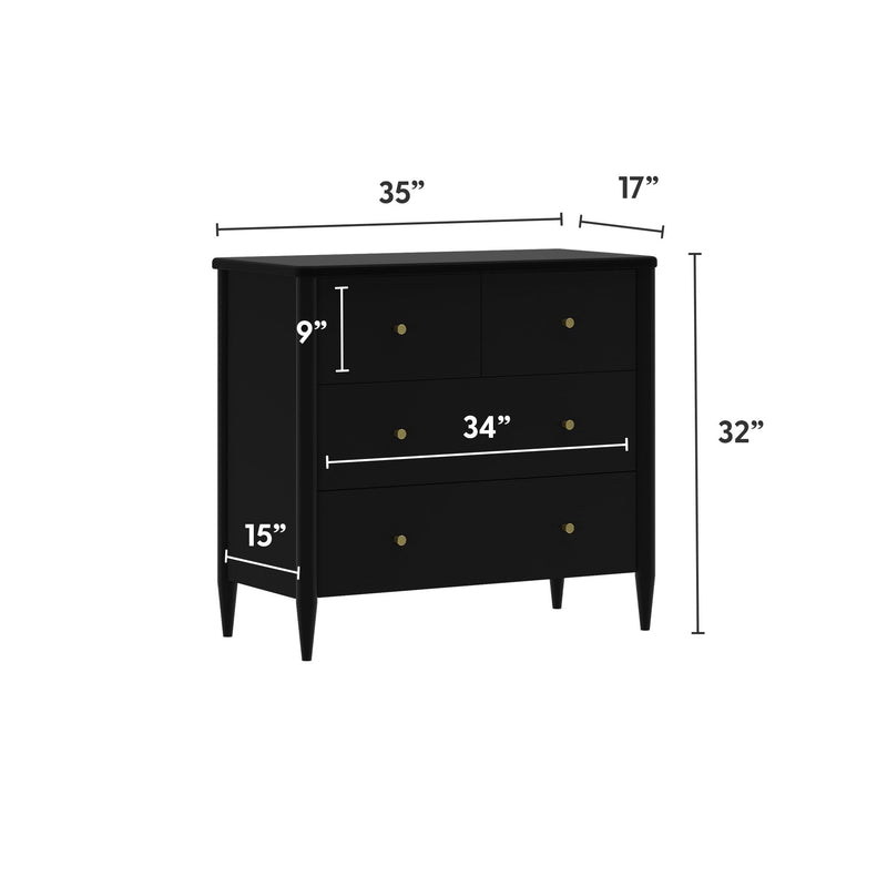 Mid-century modern black 3-drawer dresser with brass knobs and tapered legs, 35 in W x 17 in D x 32 in H, 34 in drawer width