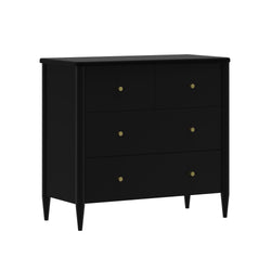 Black mid-century modern 4-drawer dresser with tapered legs and brass knob handles, bedroom storage chest on white background