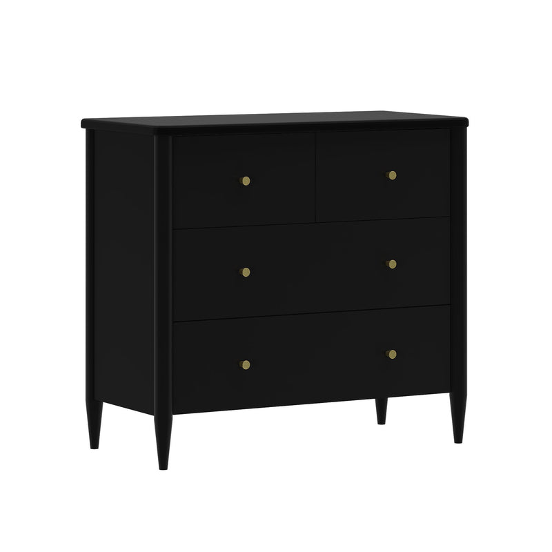 Black mid-century modern 4-drawer dresser with tapered legs and brass knob handles, bedroom storage chest on white background