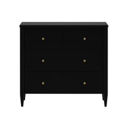 Black mid-century modern chest of drawers with brass round knobs and tapered legs, minimalist bedroom dresser storage