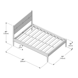 Slatted platform bed frame diagram with headboard and tapered legs, dimensions 79"×57" (200×145 cm) overall, headboard 47" (120 cm) high, footboard 18" (45 cm) high and 11" (30 cm) under-bed clearance — modern wooden mid-century style bed frame.