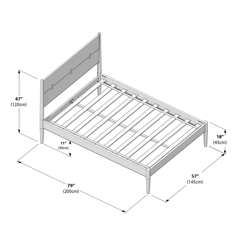 Slatted platform bed frame diagram with headboard and tapered legs, dimensions 79"×57" (200×145 cm) overall, headboard 47" (120 cm) high, footboard 18" (45 cm) high and 11" (30 cm) under-bed clearance — modern wooden mid-century style bed frame.