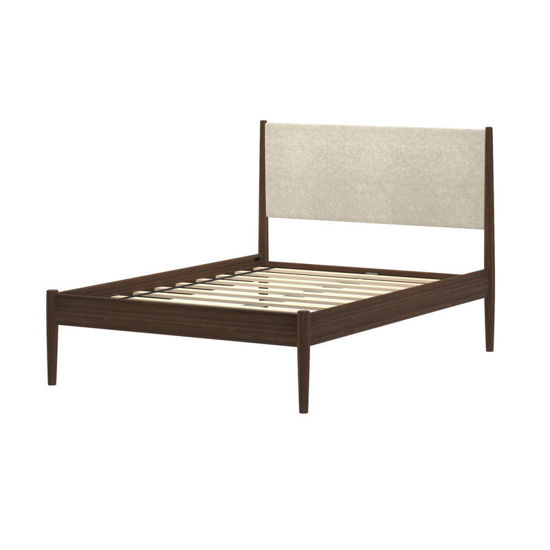 Mid-century modern walnut platform bed frame with beige upholstered headboard, tapered legs and wooden slat mattress support