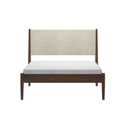 Mid-century modern walnut platform bed with beige upholstered headboard and mattress, minimalist front view on white background