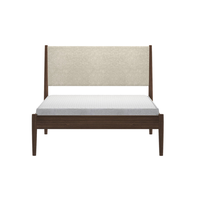 Mid-century modern walnut platform bed with beige upholstered headboard and mattress, minimalist front view on white background