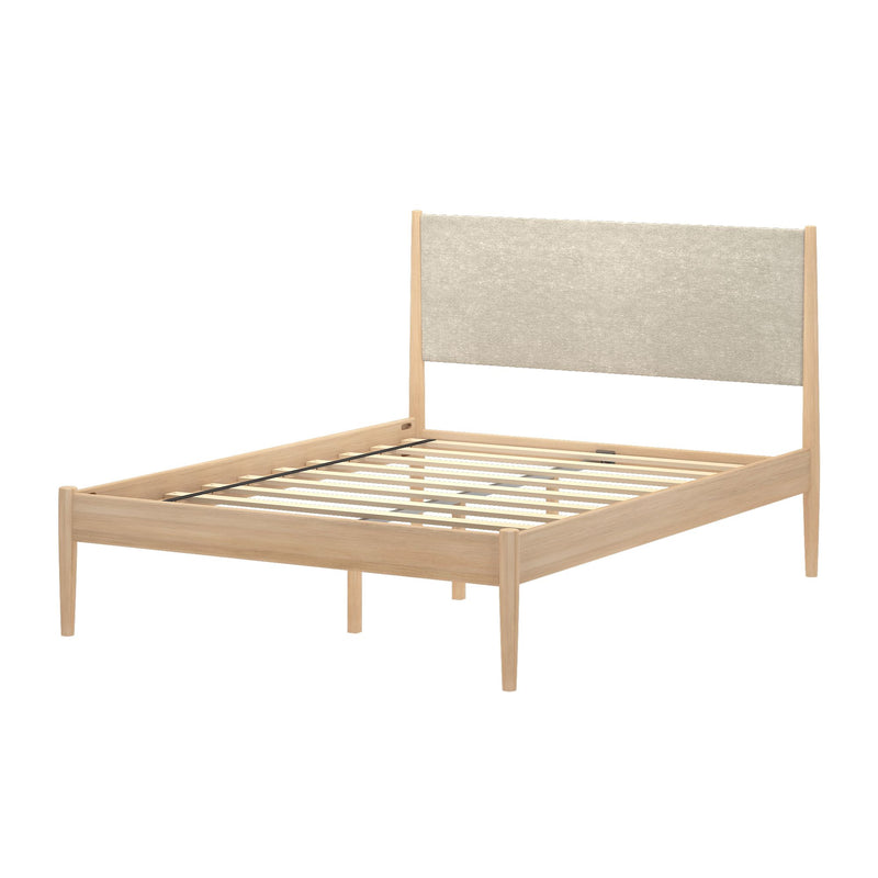 Scandinavian-style light wood platform bed frame with beige fabric upholstered headboard and wooden slat mattress support