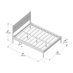 Isometric assembly diagram of a queen-size wooden slatted platform bed frame with headboard and tapered legs, labeled dimensions 83″×63″×47″ (210×160×120 cm).