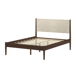 Mid-century modern walnut platform bed with beige upholstered headboard and slatted wooden base