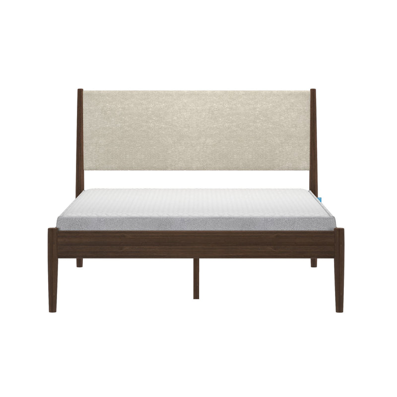 Front view of a mid-century modern walnut platform bed with beige linen upholstered headboard and white mattress on a plain white background