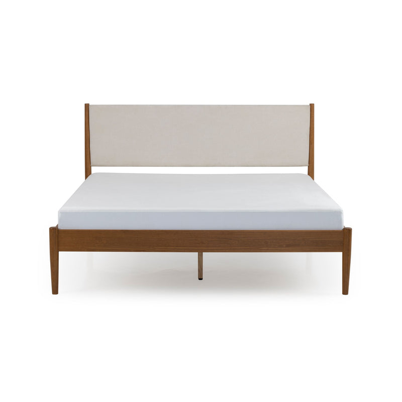 Mid-century modern walnut wood platform bed frame with beige upholstered headboard and white mattress, minimalist contemporary bedroom furniture