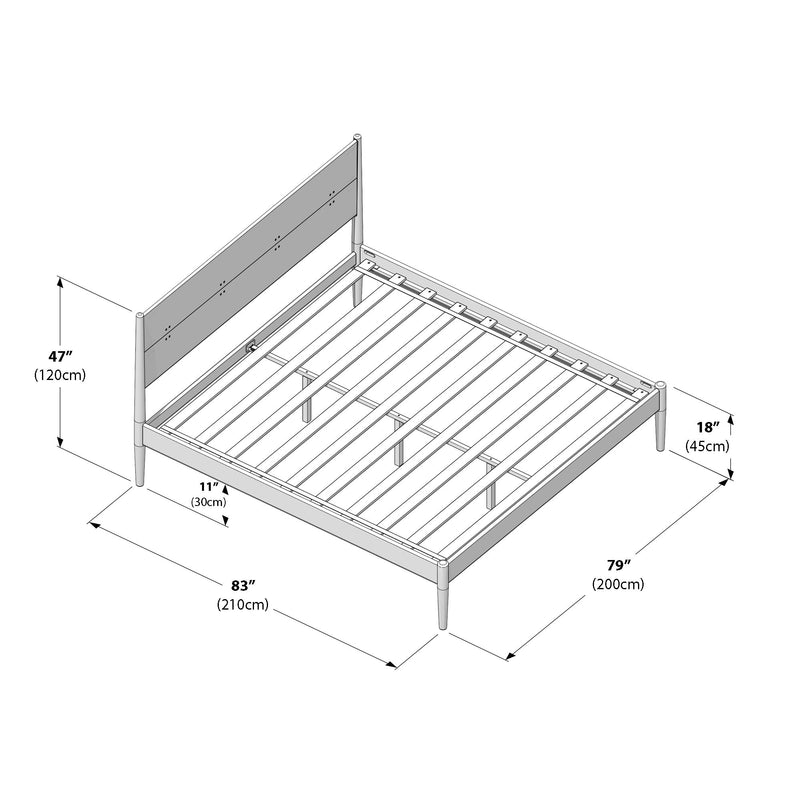 Platform bed frame with slatted wooden base and headboard — dimensional assembly diagram showing 83" (210 cm) length × 79" (200 cm) width, headboard height 47" (120 cm), 11" (30 cm) side clearance and 18" (45 cm) leg height.