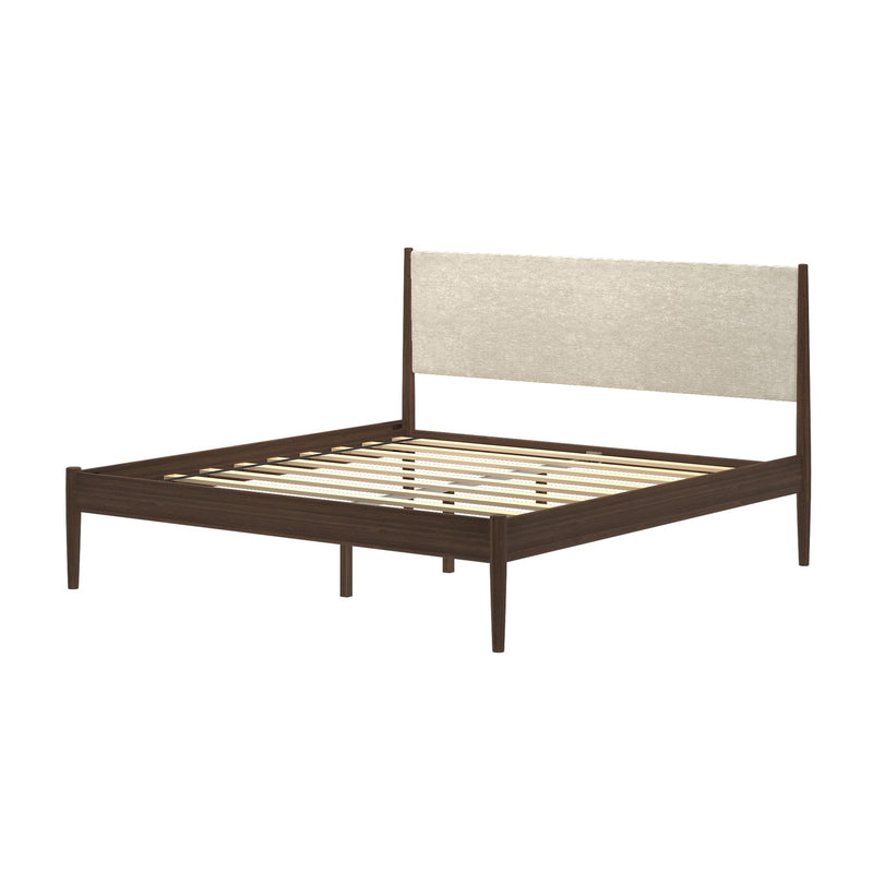 Mid-century modern walnut platform bed frame with beige upholstered headboard, tapered wooden legs and slatted mattress support