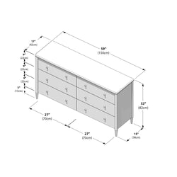 Isometric diagram of a modern six-drawer dresser with dimensions — 59" (150 cm) wide, 32" (82 cm) high, 15" (38 cm) deep, two 27" (70 cm) sections and 9" (22 cm) drawer heights.