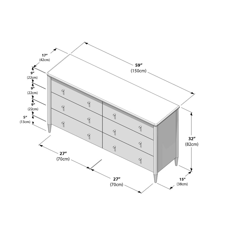 Isometric diagram of a modern six-drawer dresser with dimensions — 59" (150 cm) wide, 32" (82 cm) high, 15" (38 cm) deep, two 27" (70 cm) sections and 9" (22 cm) drawer heights.