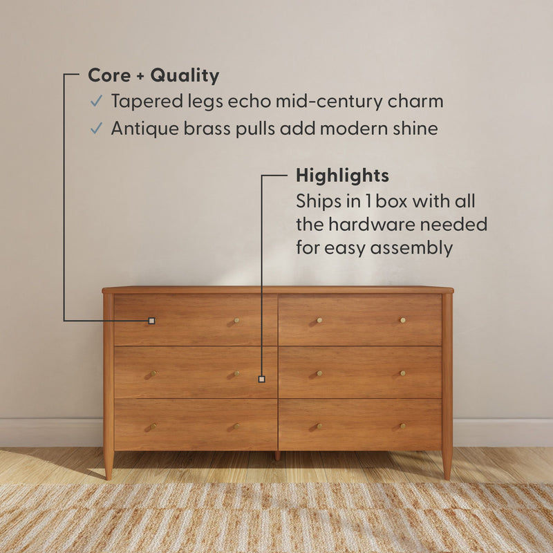 Mid-century modern six-drawer wooden dresser with tapered legs and antique brass pulls in warm wood finish, bedroom storage that ships in one box with included hardware for easy assembly