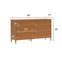 Mid-century modern 6-drawer wooden dresser in walnut finish, 59 in W × 32 in H × 17 in D, tapered legs and brass knobs, spacious bedroom storage