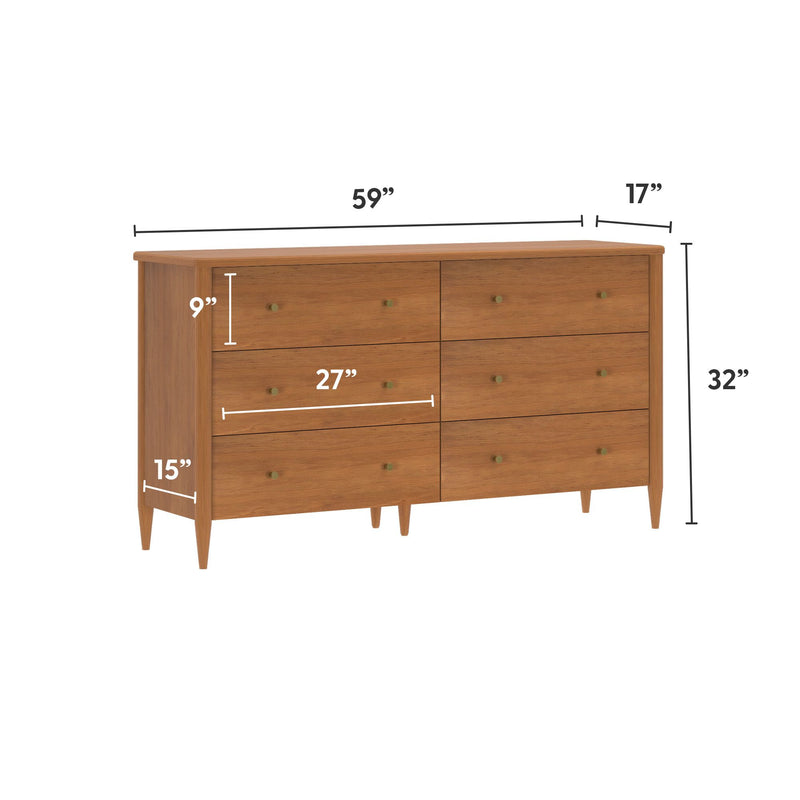 Mid-century modern 6-drawer wooden dresser in walnut finish, 59 in W × 32 in H × 17 in D, tapered legs and brass knobs, spacious bedroom storage