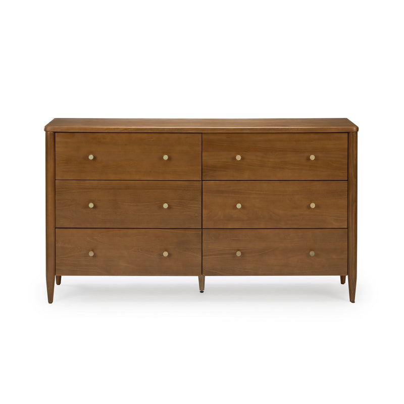 Mid-century modern solid walnut six-drawer dresser with brass knobs for bedroom storage