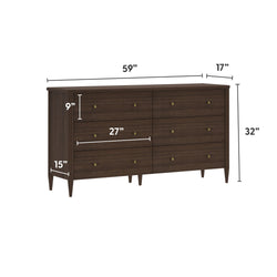 Mid-century modern walnut six-drawer dresser with tapered legs and brass knobs — 59″ W x 17″ D x 32″ H, 27″ wide drawers for bedroom storage