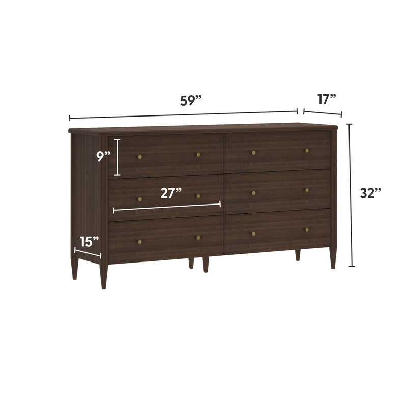 Mid-century modern walnut six-drawer dresser with tapered legs and brass knobs — 59″ W x 17″ D x 32″ H, 27″ wide drawers for bedroom storage
