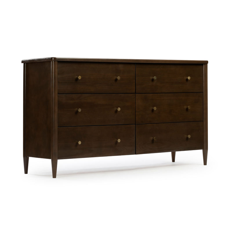 Mid-century modern six-drawer dark walnut wood dresser with brass knobs and tapered legs for bedroom storage
