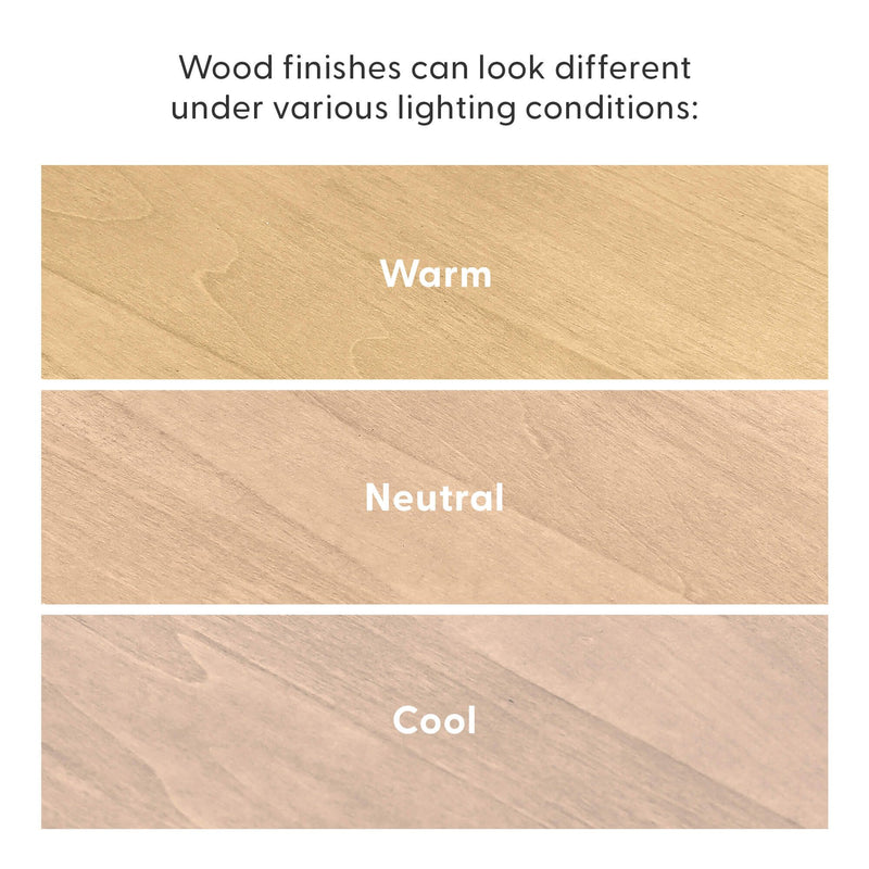 Wood finishes color comparison showing three wood grain swatches labeled Warm, Neutral, and Cool to illustrate how different lighting conditions affect wood tone and appearance