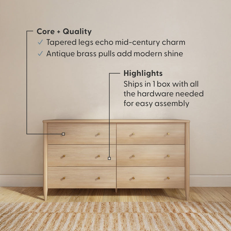 Mid-century modern light oak six-drawer dresser with tapered legs and antique brass pulls, minimalist bedroom dresser on hardwood floor and rug — ships in one box with hardware for easy assembly