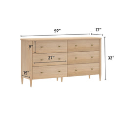 Mid-century modern 6-drawer natural oak dresser with tapered legs and brass knobs, 59 in x 17 in x 32 in — bedroom storage