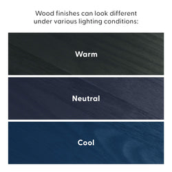 Wood finishes comparison under warm, neutral, and cool lighting showing how lighting shifts finish color and reveals wood grain texture.