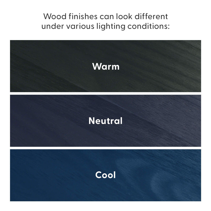 Wood finishes comparison under warm, neutral, and cool lighting showing how lighting shifts finish color and reveals wood grain texture.