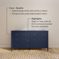 Navy blue six-drawer mid-century modern dresser with tapered legs and antique brass pulls, easy-assembly bedroom storage that ships in one box