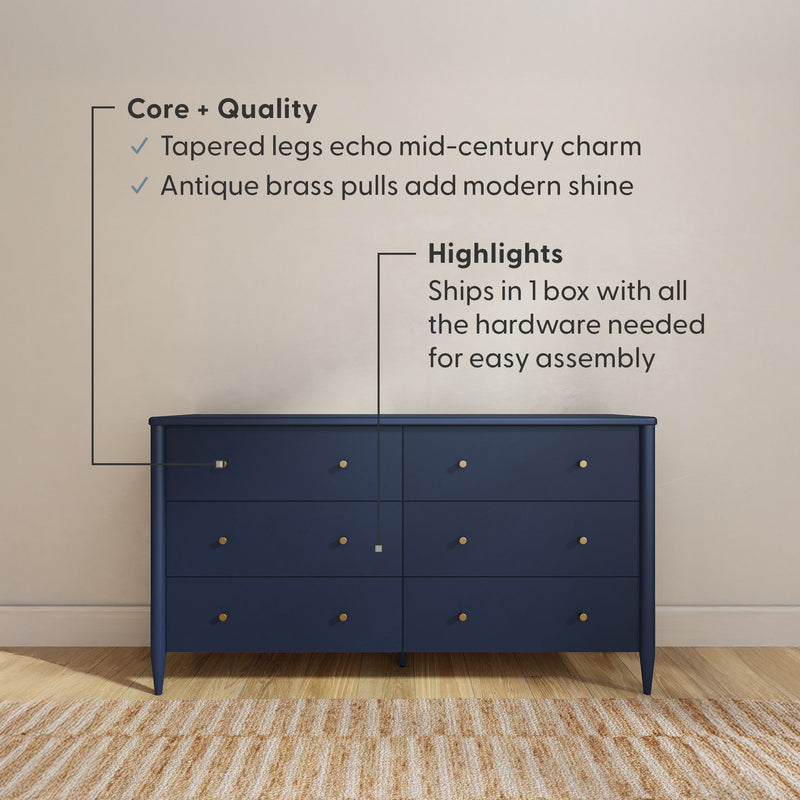 Navy blue six-drawer mid-century modern dresser with tapered legs and antique brass pulls, easy-assembly bedroom storage that ships in one box